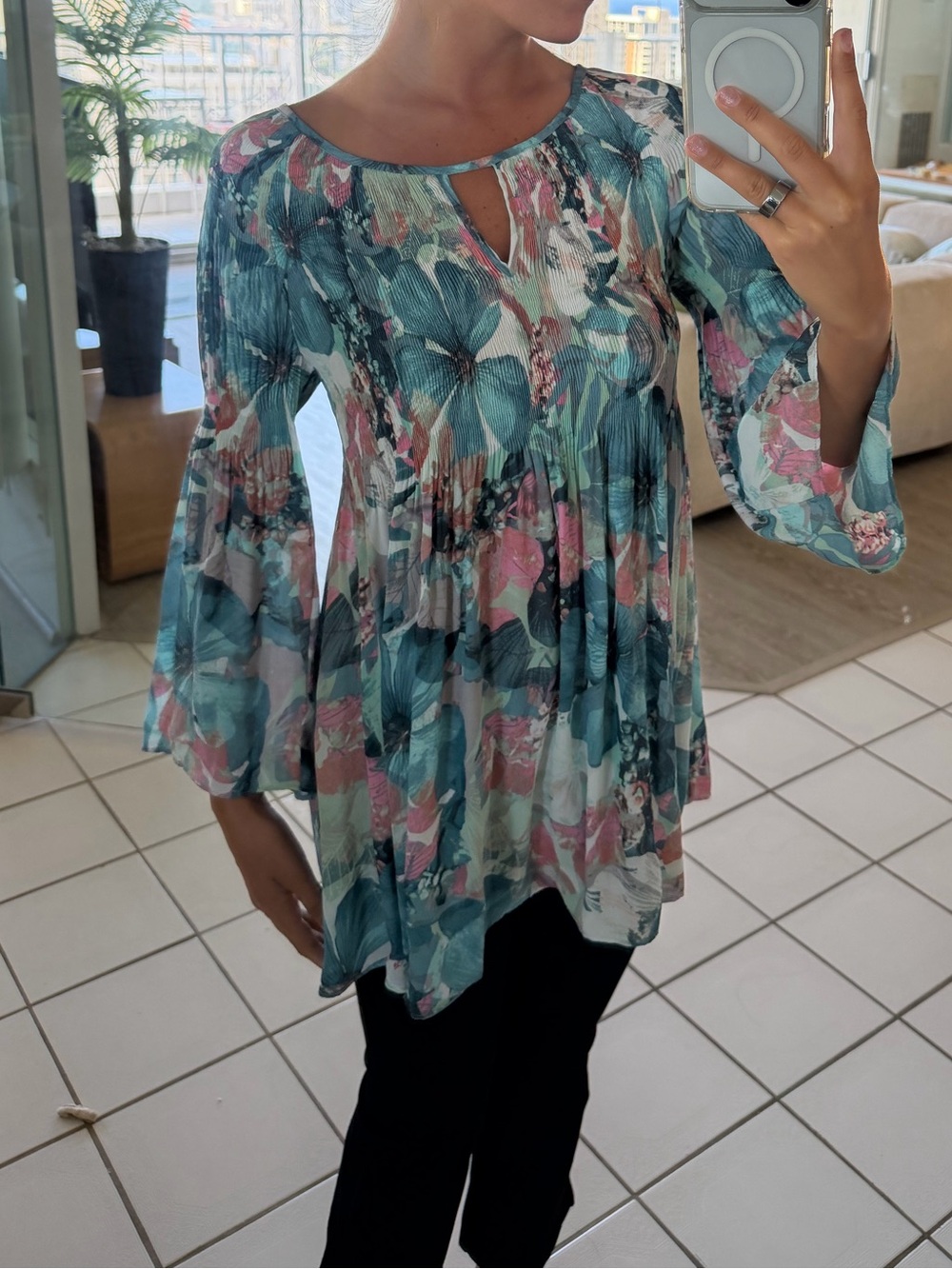 Floral Keyhole Ruffle Blouse - Teal & Pink - Picture 2 of 3